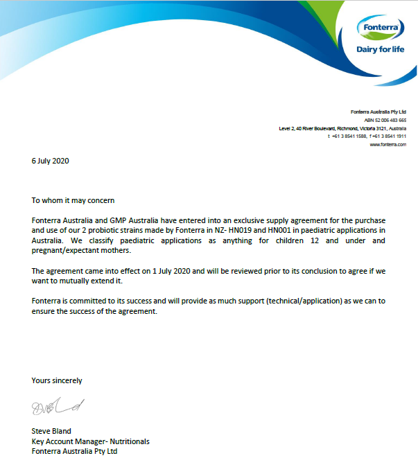 GMP signs exclusive probiotics supply agreement with leading dairy producer Fonterra